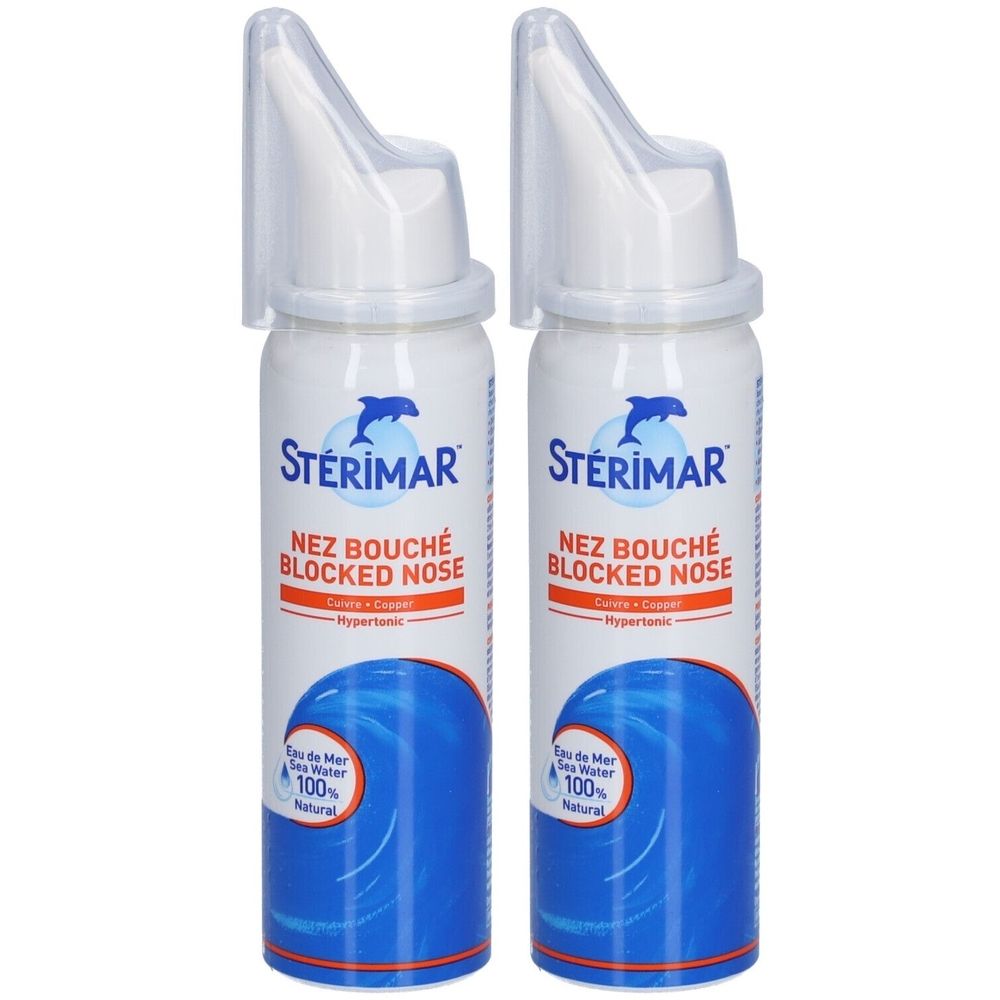 Deux flacons de spray avec embout blanc. Inscription : Stérimar, Nez Bouché, Blocked Nose. Emballage bleu et blanc.