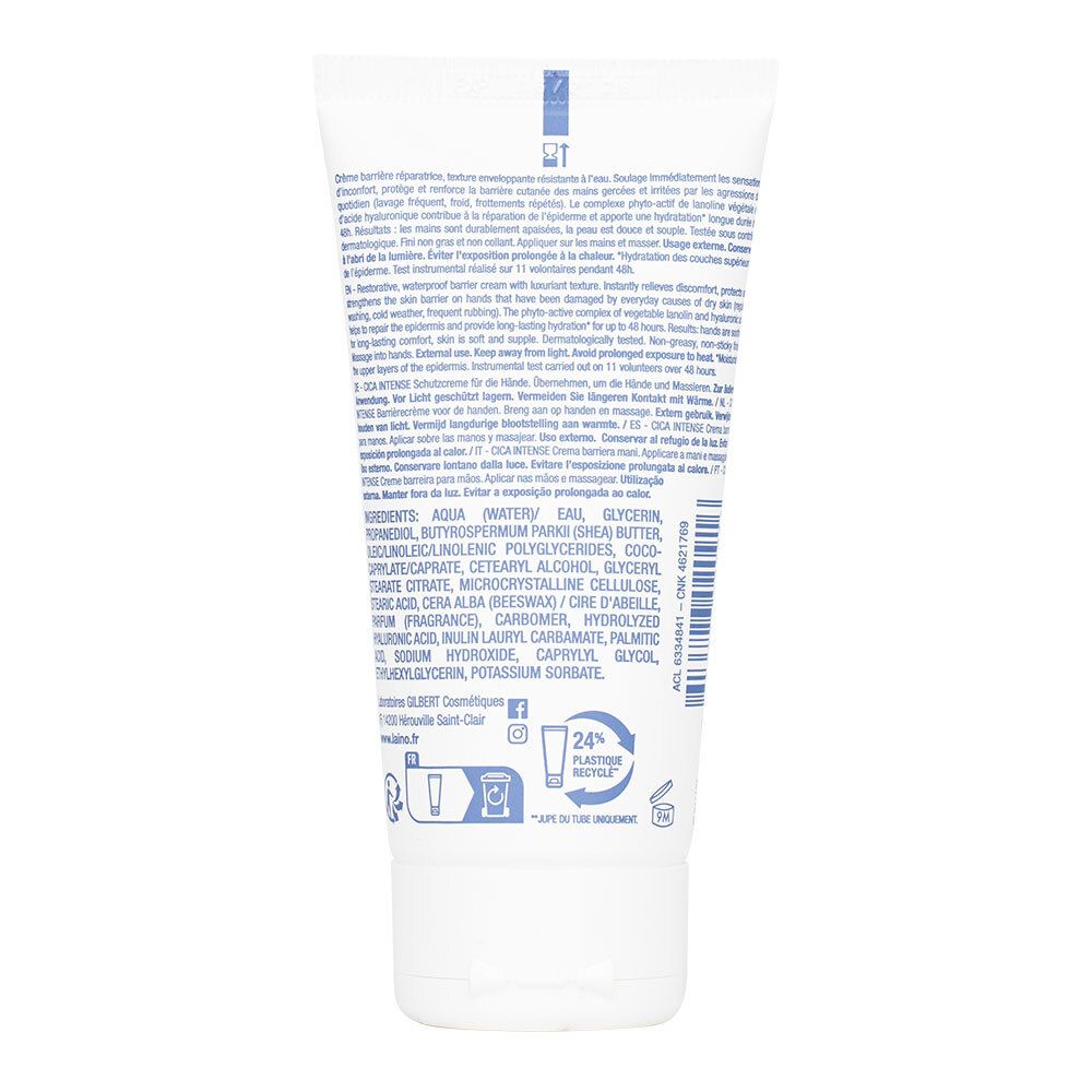 Arrière d'un tube de Laino Crème Mains Cica Intense Barrière avec ingrédients.