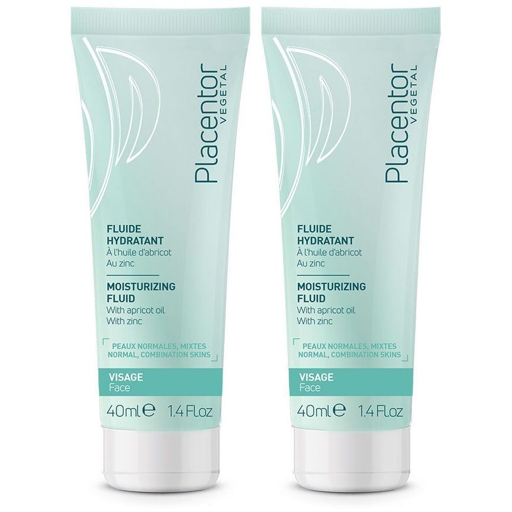 Deux tubes de Placentor VEGETAL FLUIDE HYDRATANT. Tubes vert clair avec texte blanc. Contient huile d'abricot et zinc. Pour peaux normales à mixtes.