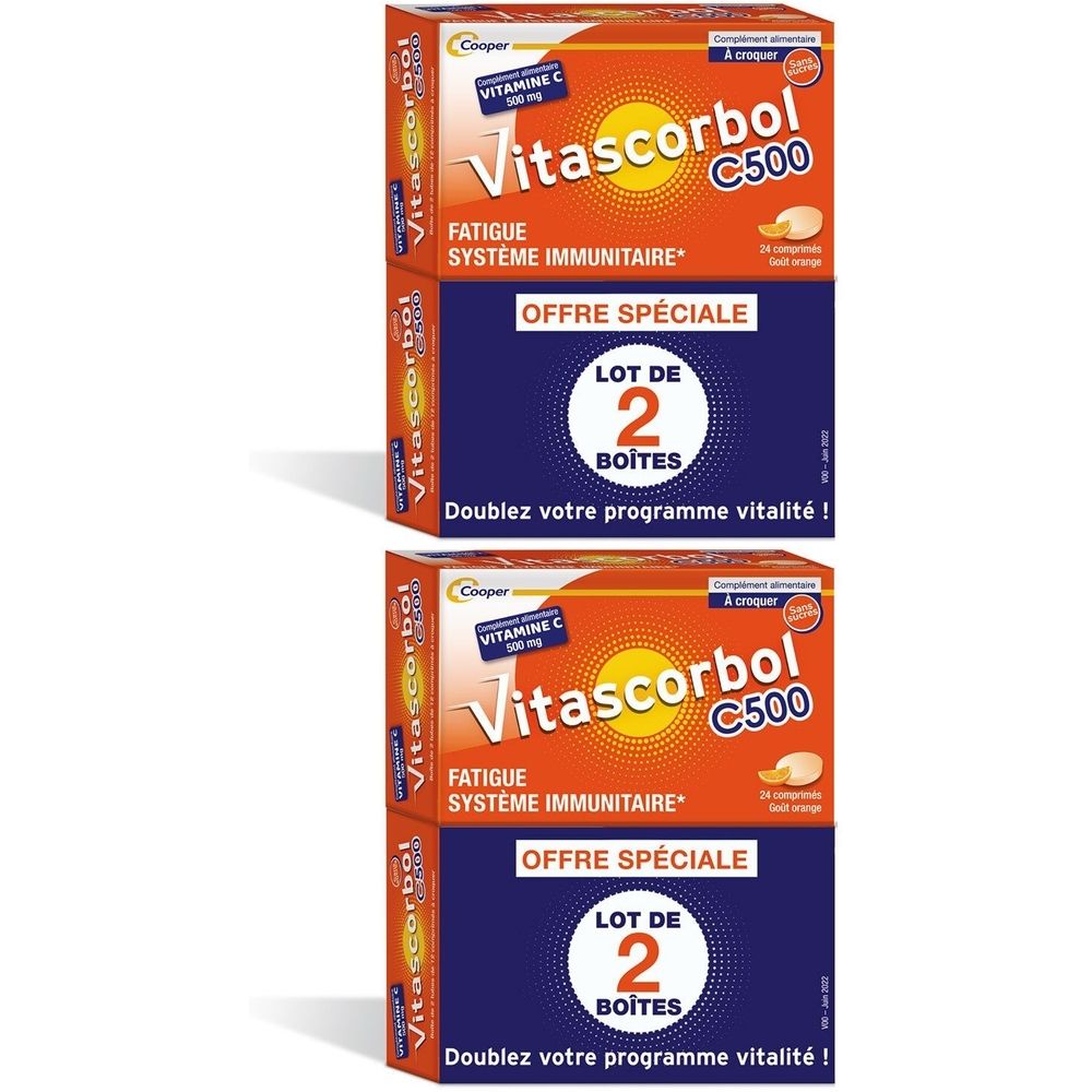 VITASCORBOL - Complément alimentaire à base de vitamine C 500 mg - Fatigue et système immunitaire - Programme 24 jours - 48 comprimés à croquer