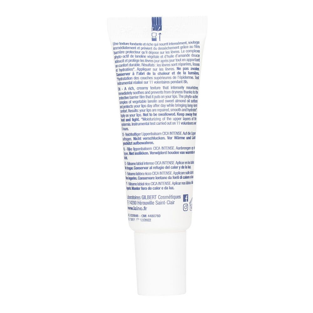 Arrière d'un tube de baume à lèvres Laino Cica Intense avec instructions.