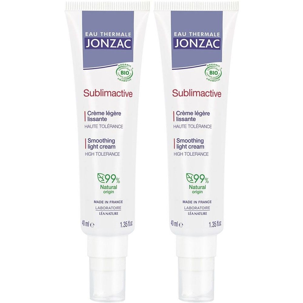 Deux tubes de crème Jonzac Sublimactive. Tubes blancs avec texte bleu. Crème légère lissante, 99% d'origine naturelle. Label Bio.