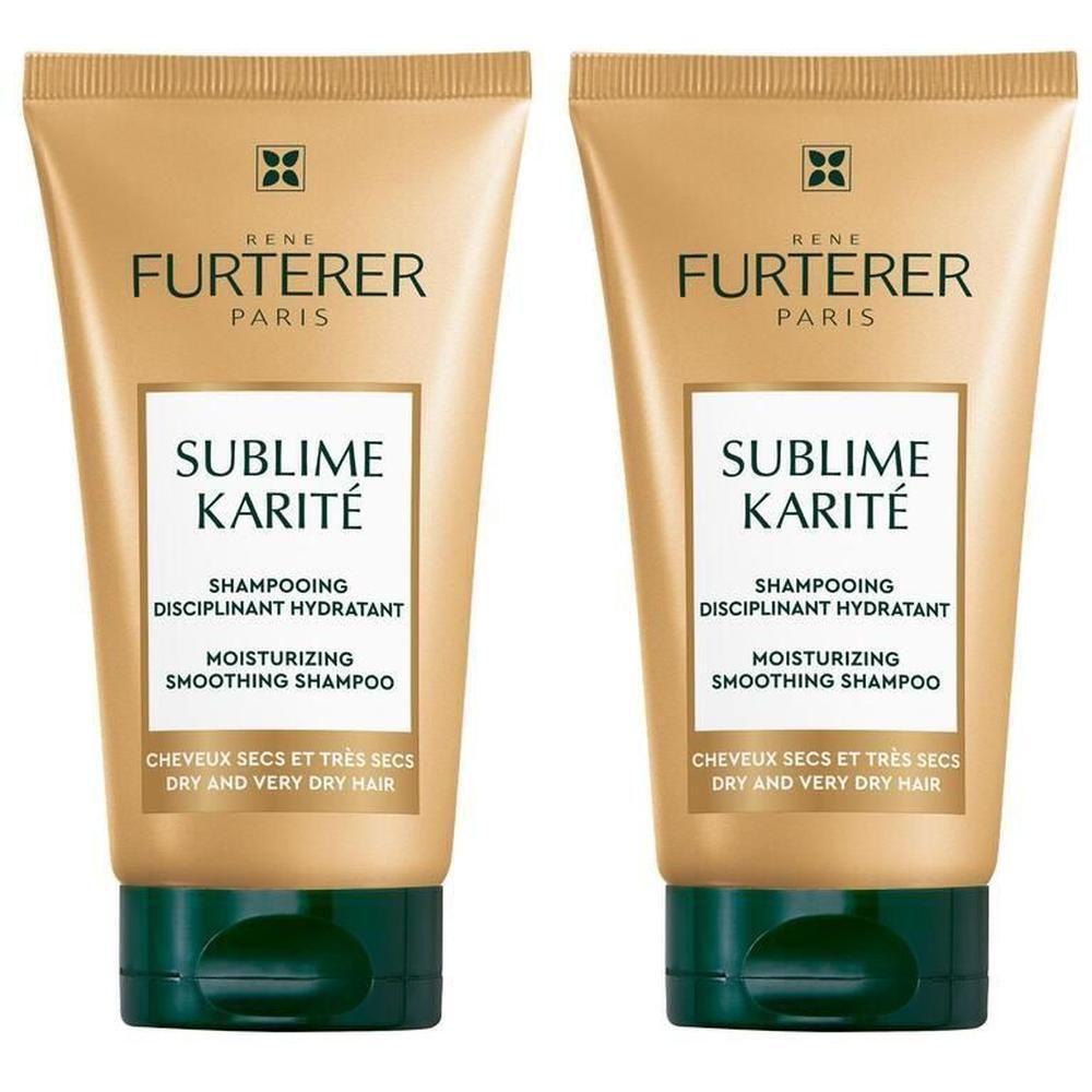 Deux tubes dorés de shampooing. Inscription: René Furterer Paris, Sublime Karité, Shampooing Disciplinant Hydratant.