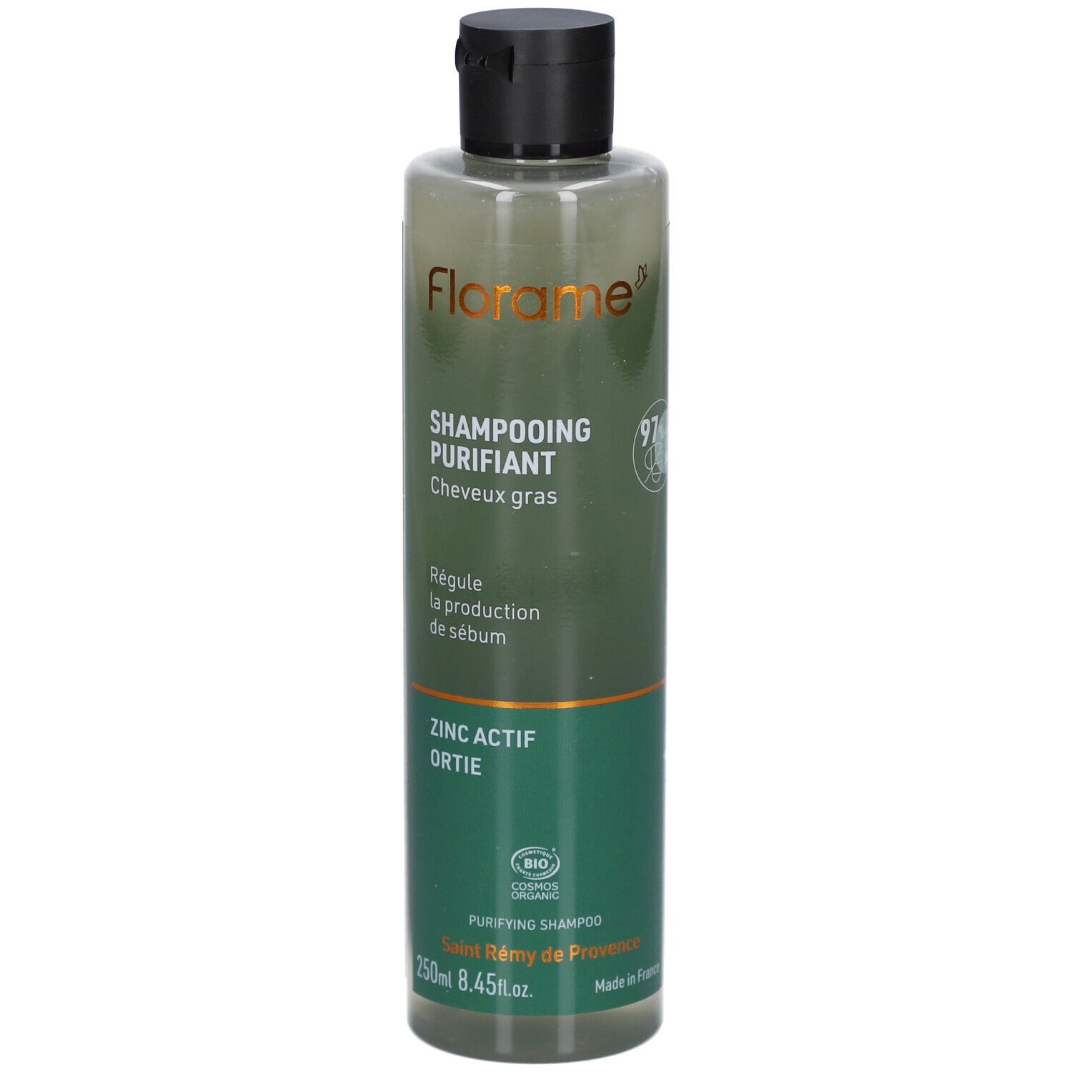 Shampooing Purifiant Florame, flacon. Ingrédients naturels. Zinc Actif Ortie. Label Bio. Flacon transparent, bouchon noir.