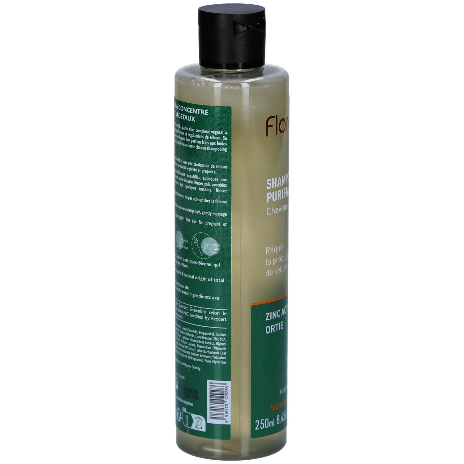 Dos du flacon Shampooing Purifiant Florame. Ingrédients, extraits végétaux concentrés. Label Bio. Informations produit.