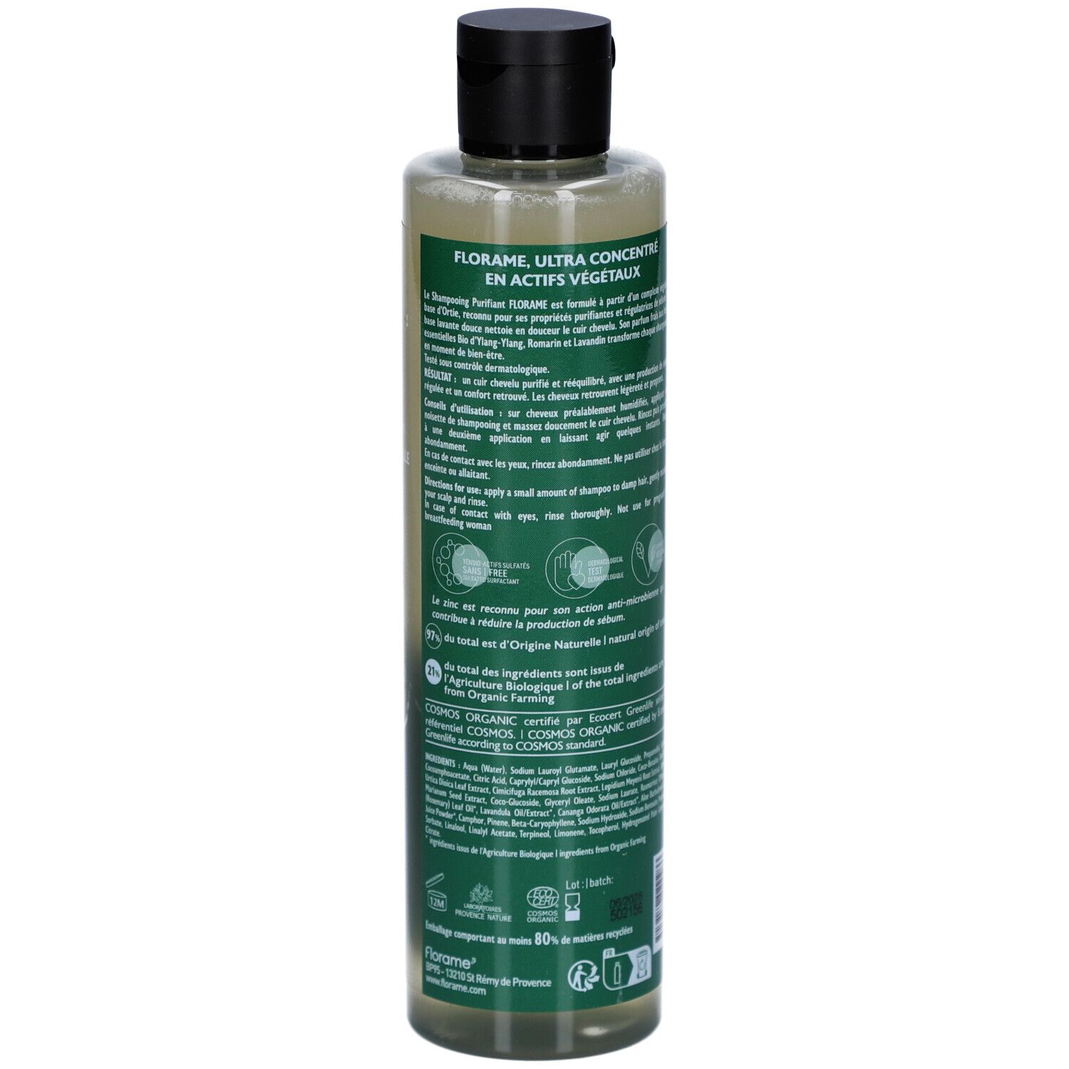 Dos du flacon Shampooing Purifiant Florame. Ultra concentré en actifs végétaux. Label Bio. Ingrédients.