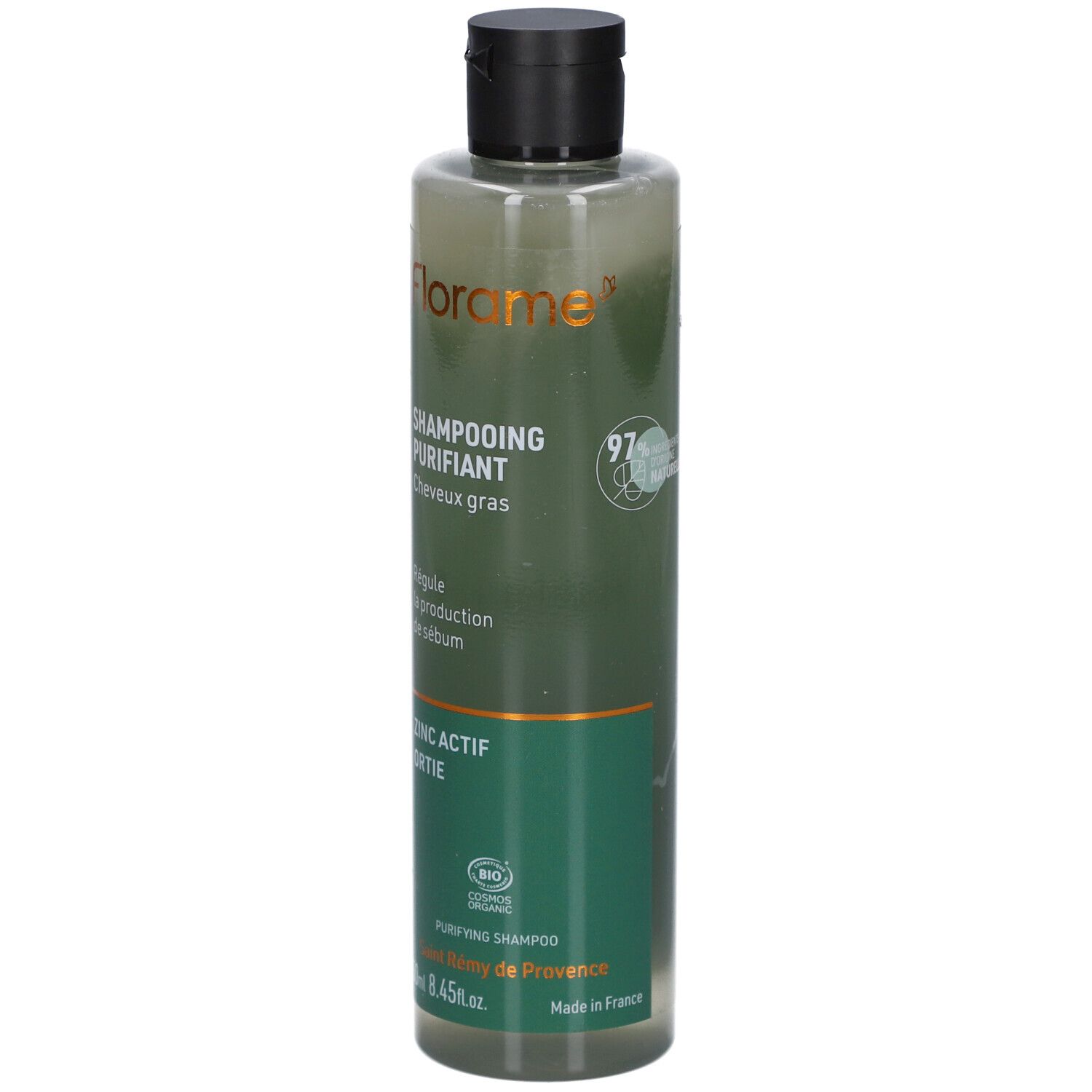 Shampooing Purifiant Florame, flacon. Ingrédients naturels. Zinc Actif Ortie. Label Bio. Flacon transparent, bouchon noir.