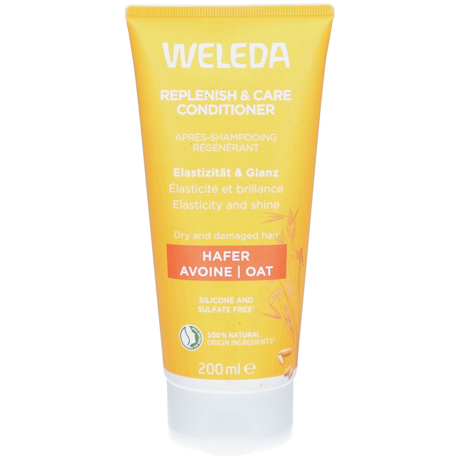 Tube jaune "WELEDA Après Shampooing Régénérant". Contient "HAFER | AVOINE | OAT". Ingrédients naturels, sans silicone.