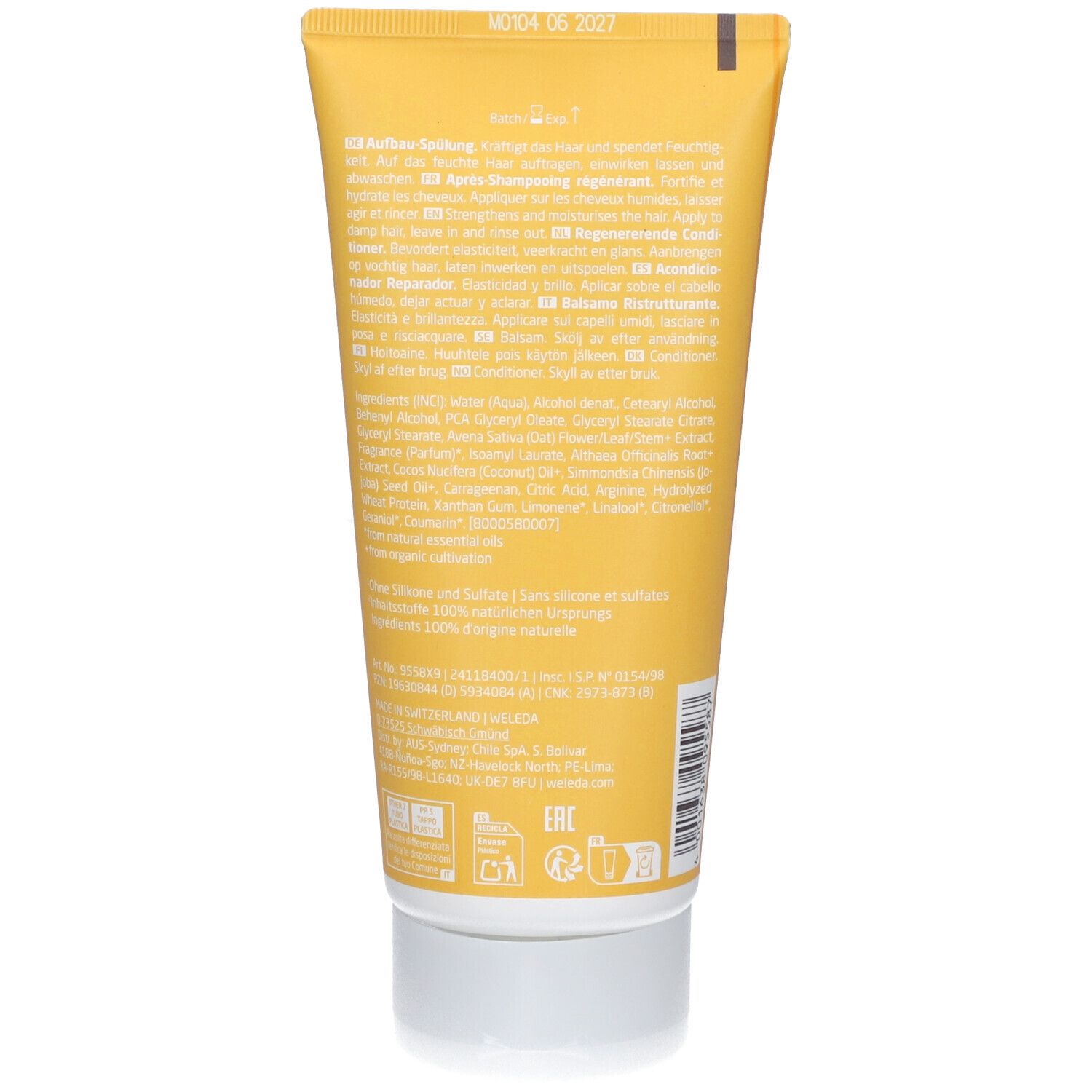 Dos du tube jaune. Texte multilingue. Ingrédients et informations fabricant. Sans silicone et sulfate.