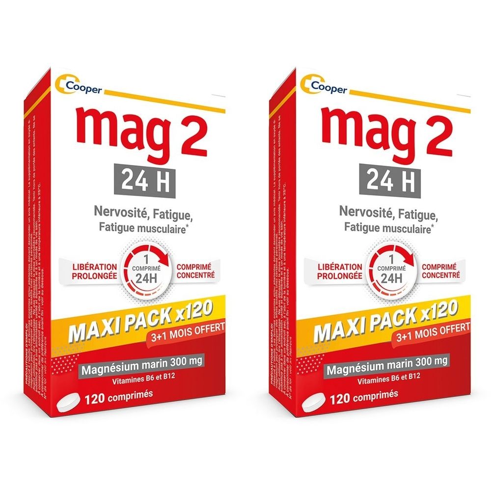 MAG 2 - 24H - MAXI PACK PROMO 4 MOIS - Complément alimentaire à base de magnésium, vitamine B6 et B12 - Anti-nervosité et anti-fatigue - 3+1 mois offert - Programme de 120 jours - 120 comprimés libération prolongée