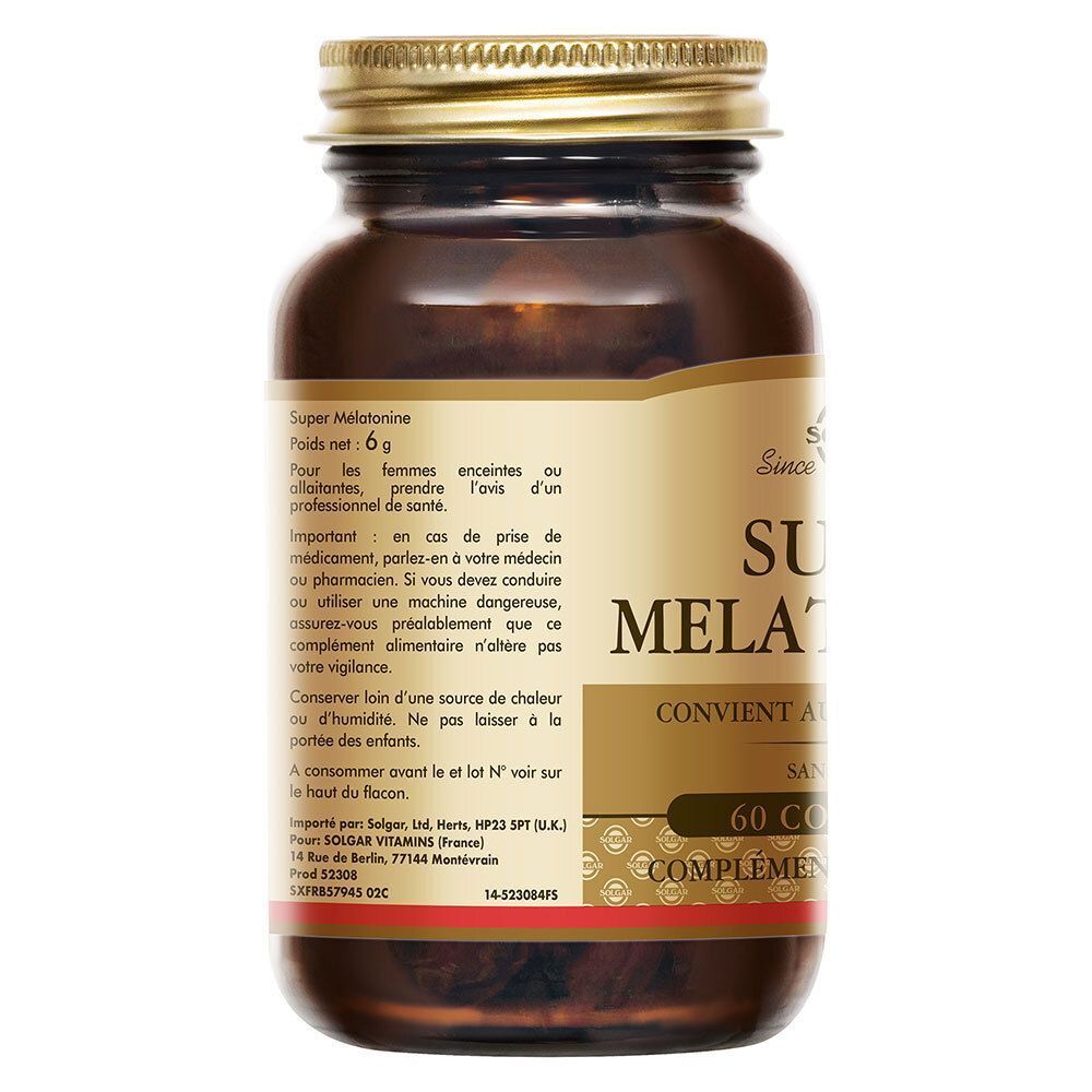 Solgar Super Melatonine 1,9mg, 60 comprimés. Arrière avec informations produit.