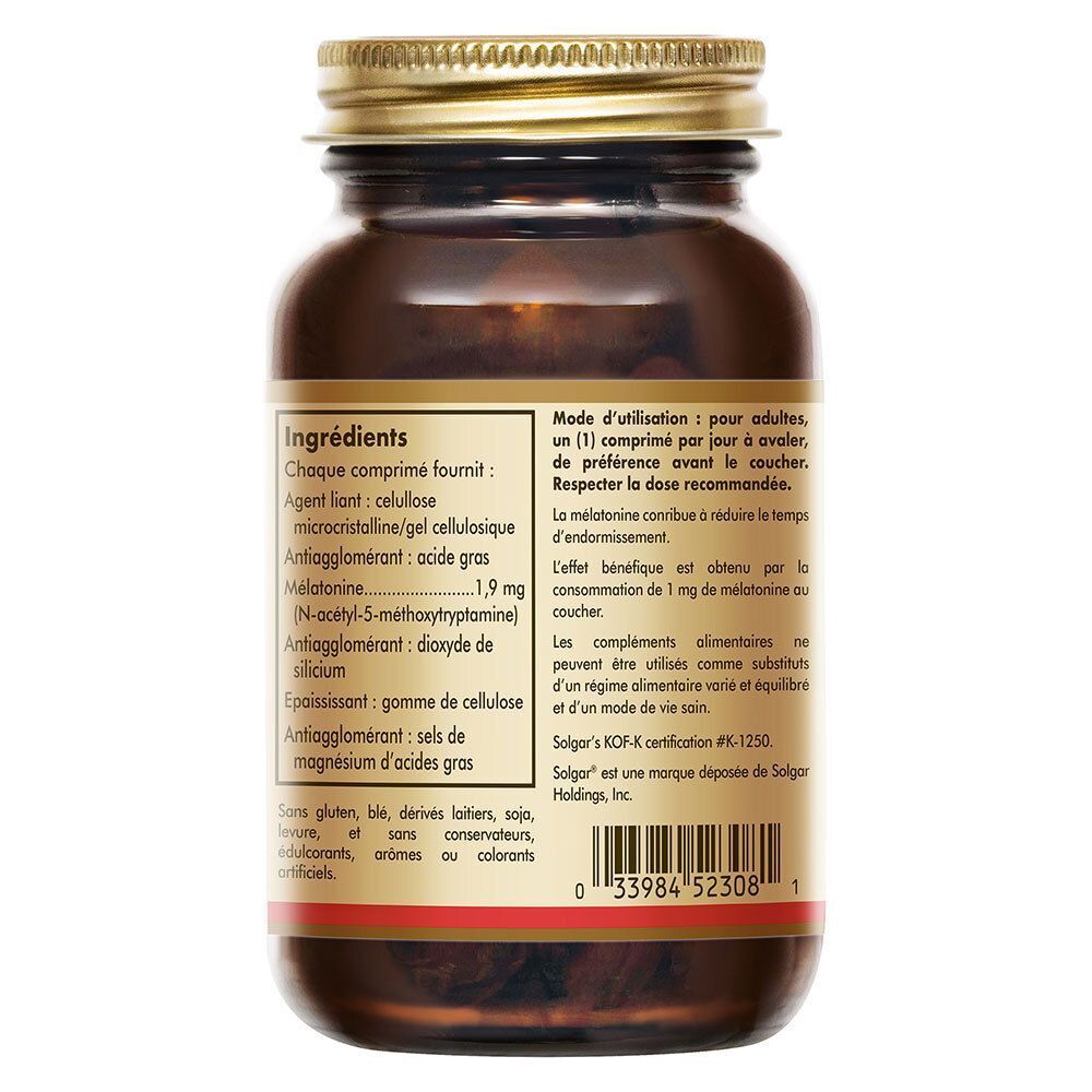Solgar Super Melatonine 1,9mg, 60 comprimés. Arrière avec ingrédients et usage.