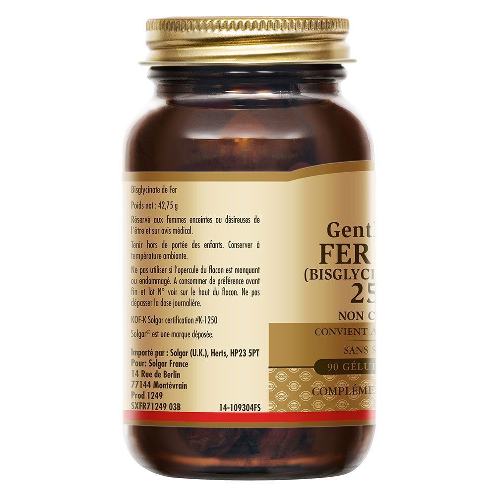 Arrière d'un flacon de Solgar Gentle Iron Fer Doux 25 mg avec informations produit.