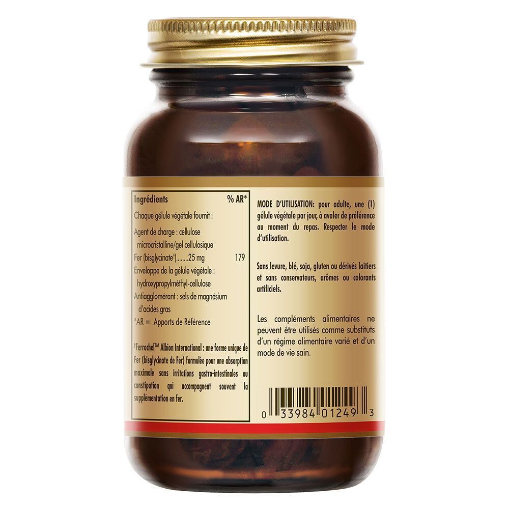 Arrière d'un flacon de Solgar Gentle Iron Fer Doux 25 mg avec ingrédients et mode d'utilisation.