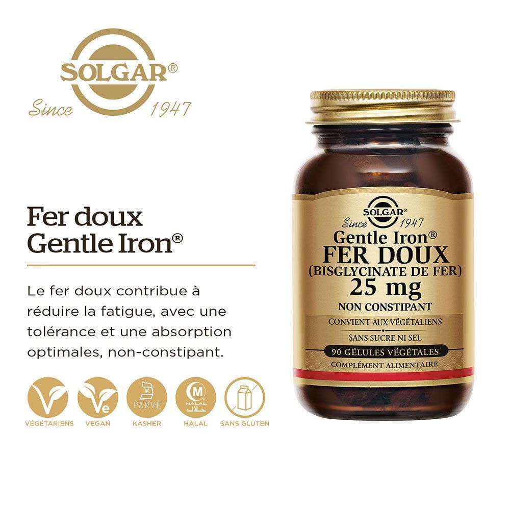 Flacon Solgar Gentle Iron Fer Doux 25 mg avec sceaux Végétarien, Vegan, Kasher, Halal, Sans Gluten.