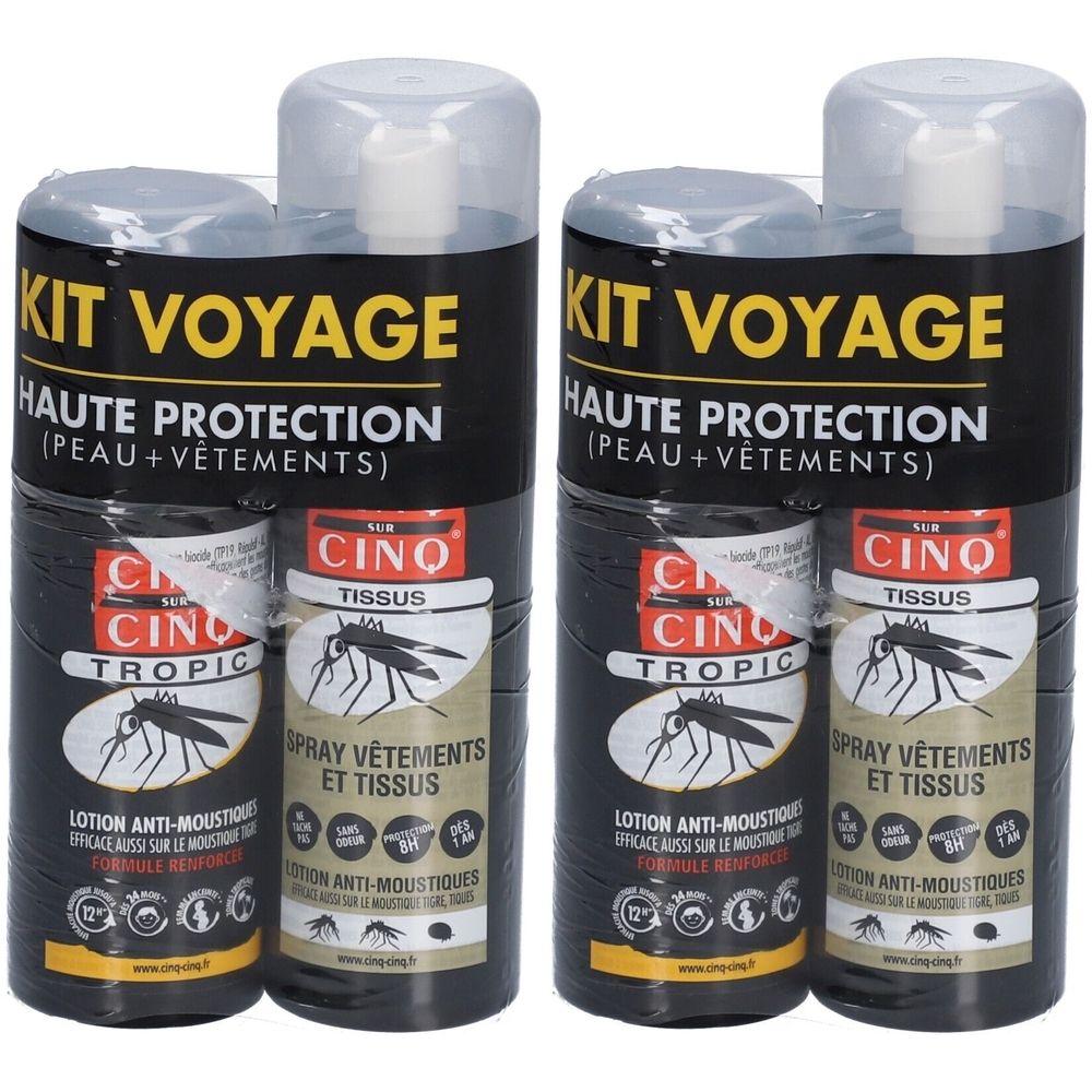 Deux kits de voyage anti-moustiques. Flacons noirs avec bouchons blancs, emballés. Inscription : Cinq sur Cinq, Tropic, Haute Protection.