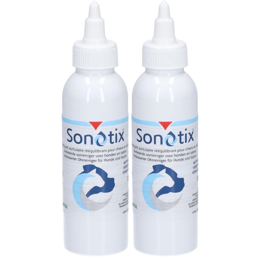 Deux flacons blancs Sonotix. Étiquettes bleues et rouges, silhouette de chien. Nettoyant auriculaire.