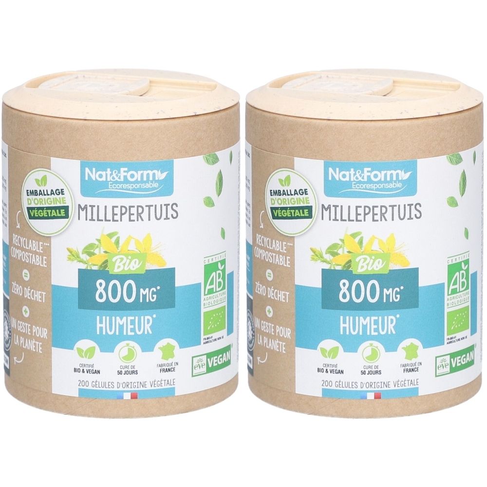 Deux boîtes cylindriques avec couvercles. Inscription: Millepertuis Bio, 800 mg, Humeur. Emballage végétal, label AB bio.
