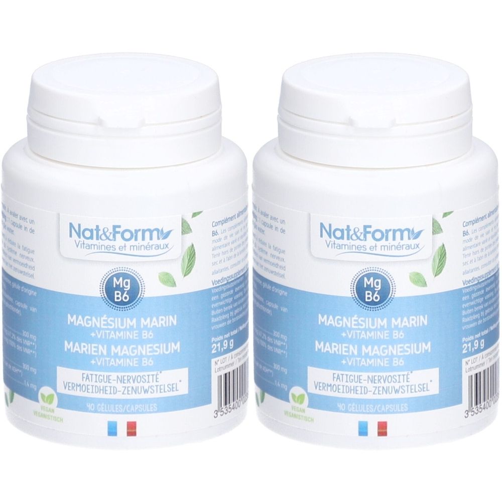 Deux flacons blancs avec étiquettes bleues et blanches. Inscription: Nat&Form, Magnésium Marin + Vitamine B6. 90 gélules.