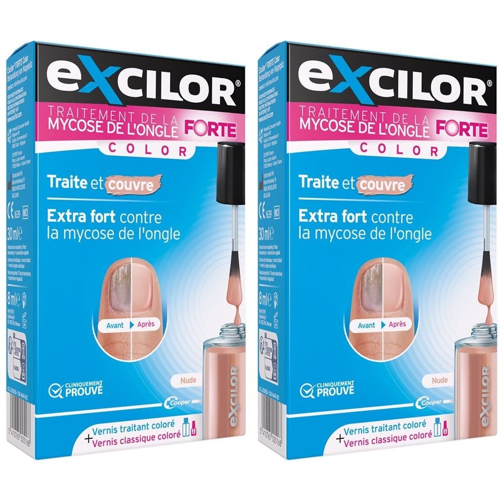 EXCILOR - Solution Forte Color - Traitement Mycose de l'ongle - Vernis traitant 30 ml (Dispositif médical)  +  vernis à ongles nude cosmétique 8 ml