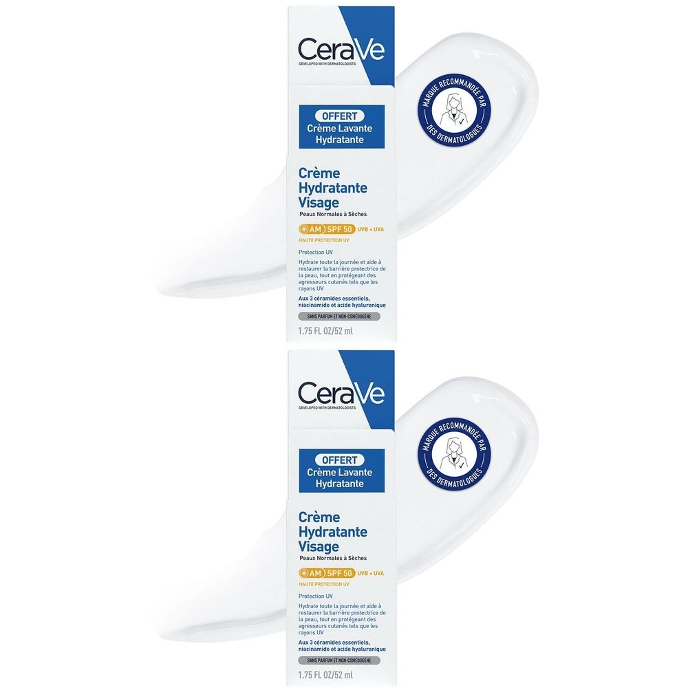 CeraVe Crème Hydratante Visage SPF50 + Crème Lavante Hydratante Offerte