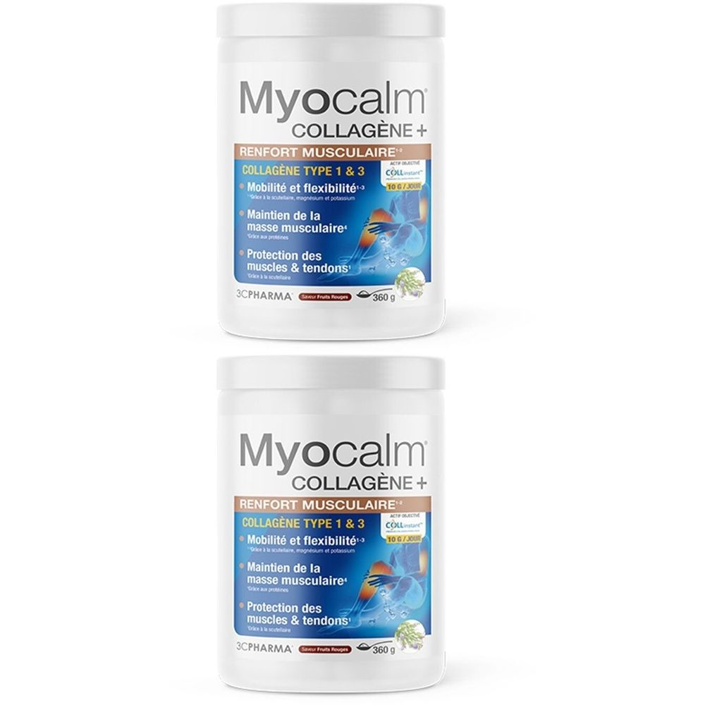 Deux pots blancs avec l'inscription "Myocalm Collagène+". Texte en français : "Renfort musculaire", "Collagène Type 1 & 3", et autres informations.