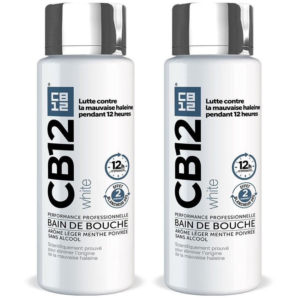 CB12 - Bain de bouche White - Dents plus blanches - 12 heures d’haleine fraîche - Sans alcool - Arôme léger de menthe poivrée - Flacon 250 ml
