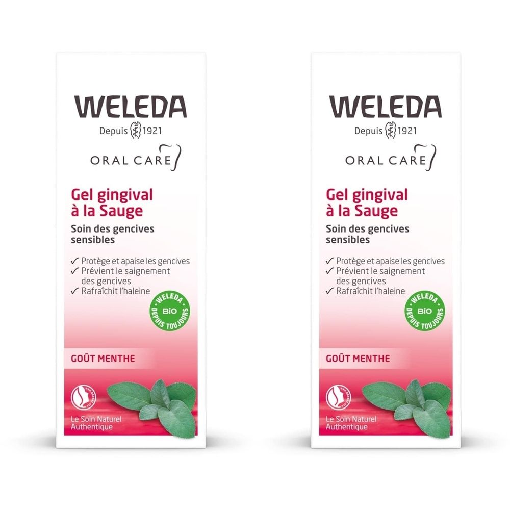 Deux tubes de Gel gingival à la Sauge Weleda. Inscription : Gel gingival à la Sauge, Soin des gencives sensibles, label bio.