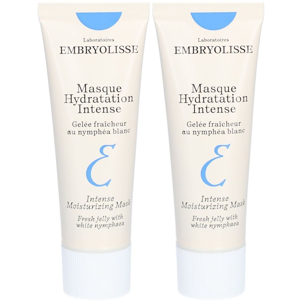 Deux tubes de Masque Hydratation Intense Embryolisse. Tubes blancs avec texte bleu. Texte: Intense Moisturizing Mask, Gelée fraîcheur.