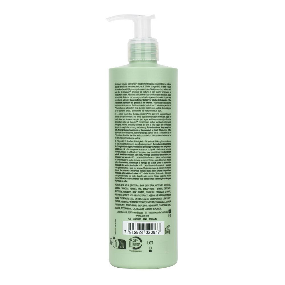 Arrière d'un flacon pompe vert LAINO Nutri Argan avec informations produit et code-barres.