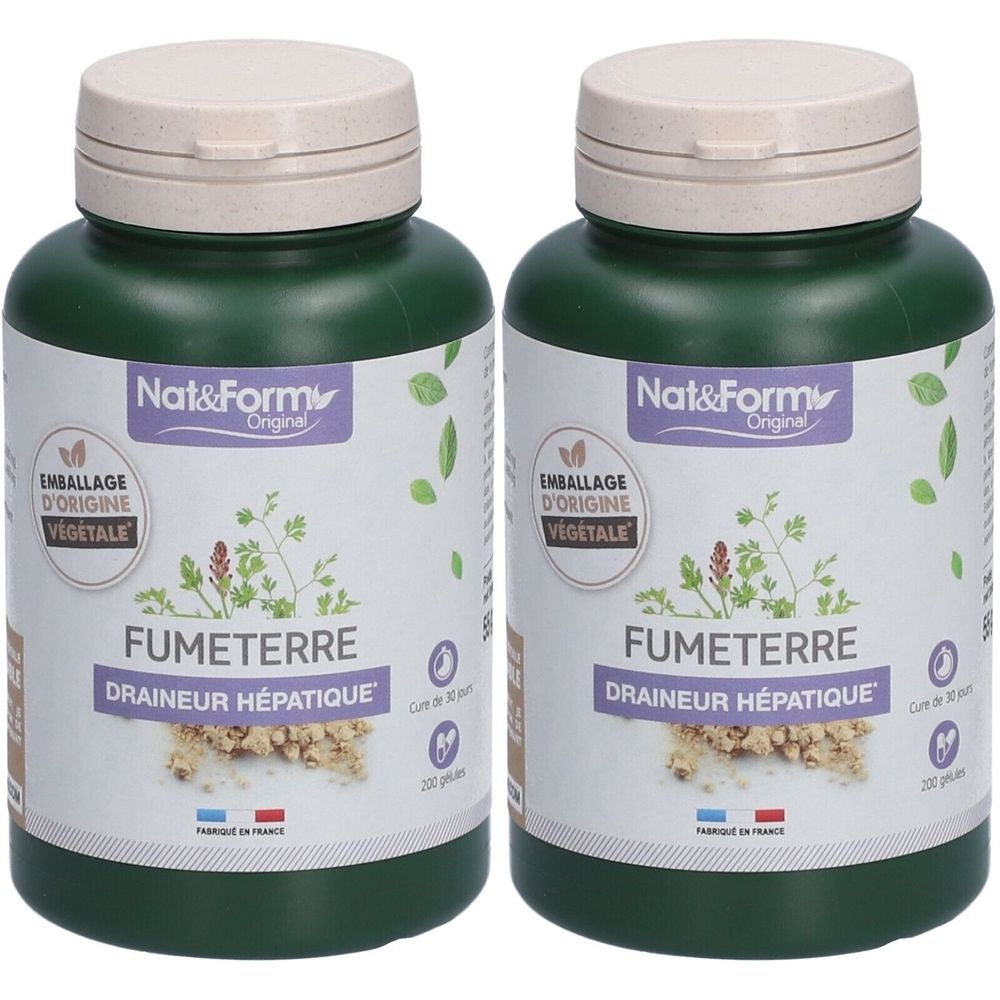 Deux flacons verts avec couvercles beiges. Inscriptions: Nat&Form, FUMETERRE, DRAINEUR HÉPATIQUE. Emballage d'origine végétale.