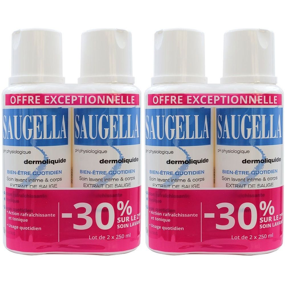 Saugella - Dermoliquide - Soin lavant pour l’hygiène intime quotidienne des femmes adultes - à base d’extrait de Sauge - Assure le bien-être intime quotidien - Flacons Lot 2x250 ml