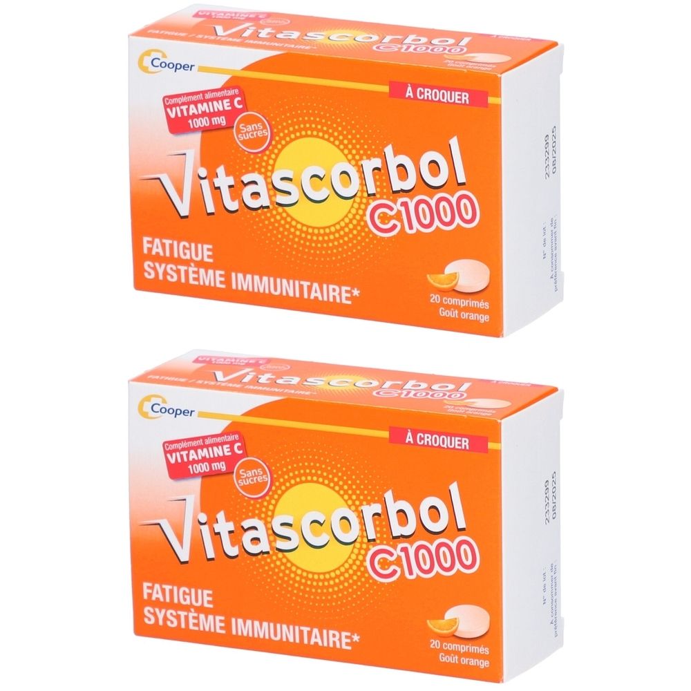 VITASCORBOL C1000 A CROQUER - Complément alimentaire Vitamine C - 20 comprimés à croquer - Goût Orange
