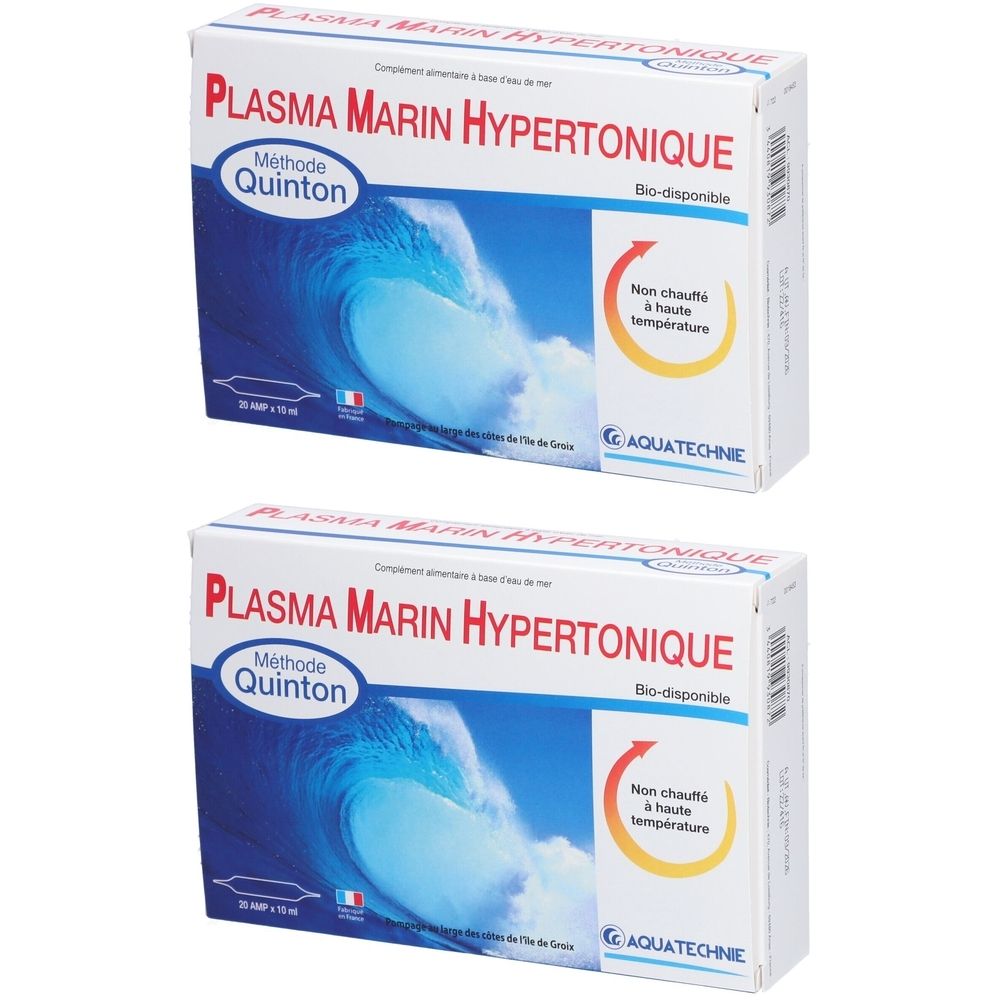 Deux boîtes PLASMA MARIN HYPERTONIQUE. Graphique de vagues bleues, texte en français. Marque: Méthode Quinton.