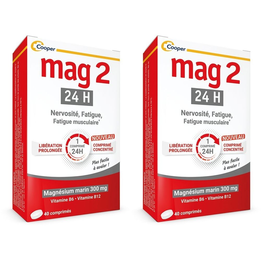 MAG 2 - 24H - Complément alimentaire à base de magnésium, vitamine B6 et B12 - Anti-nervosité et anti-fatigue - Programme de 40 jours - 40 comprimés libération prolongée