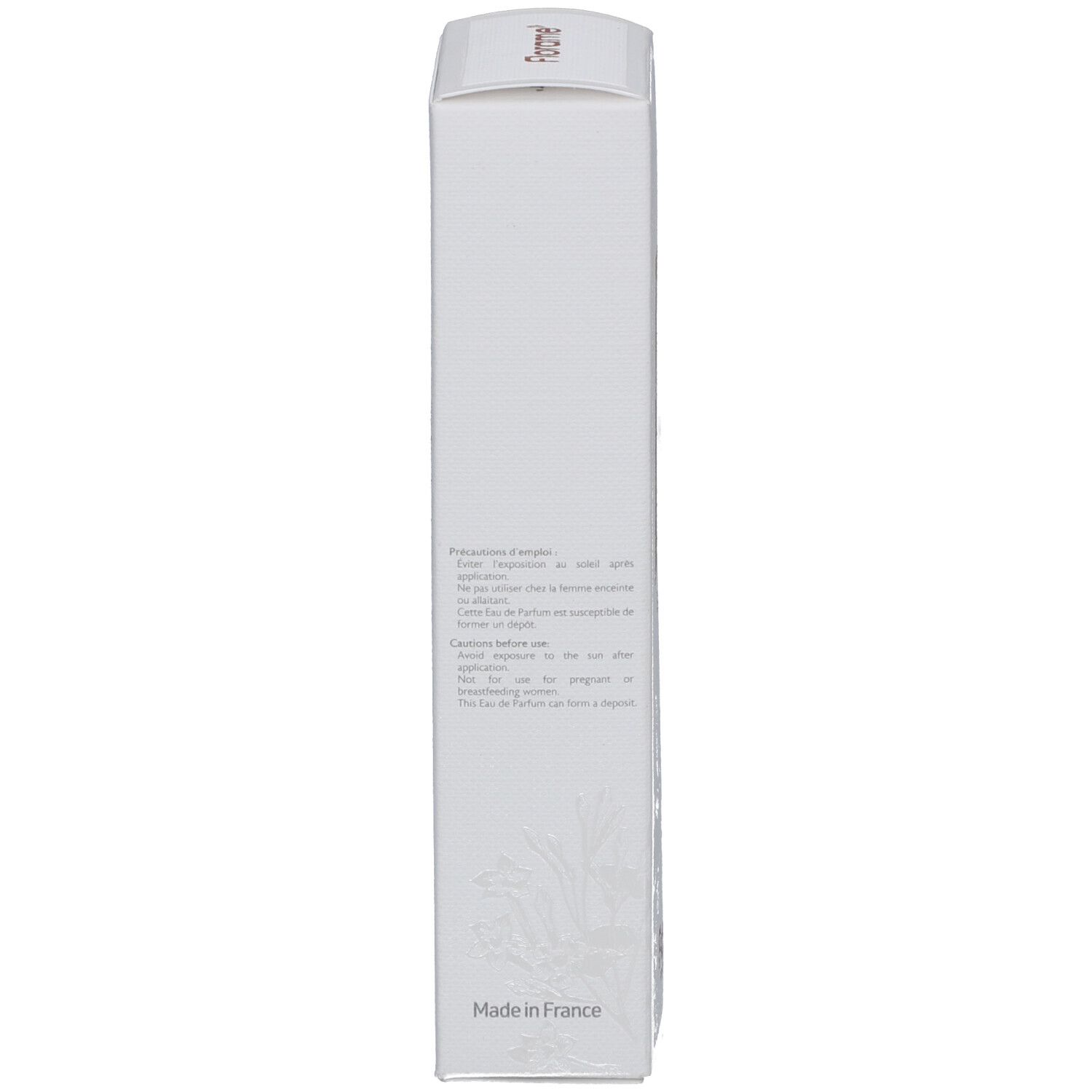 Emballage blanc, vue latérale. Texte en français. Marque Florame. Fabriqué en France.