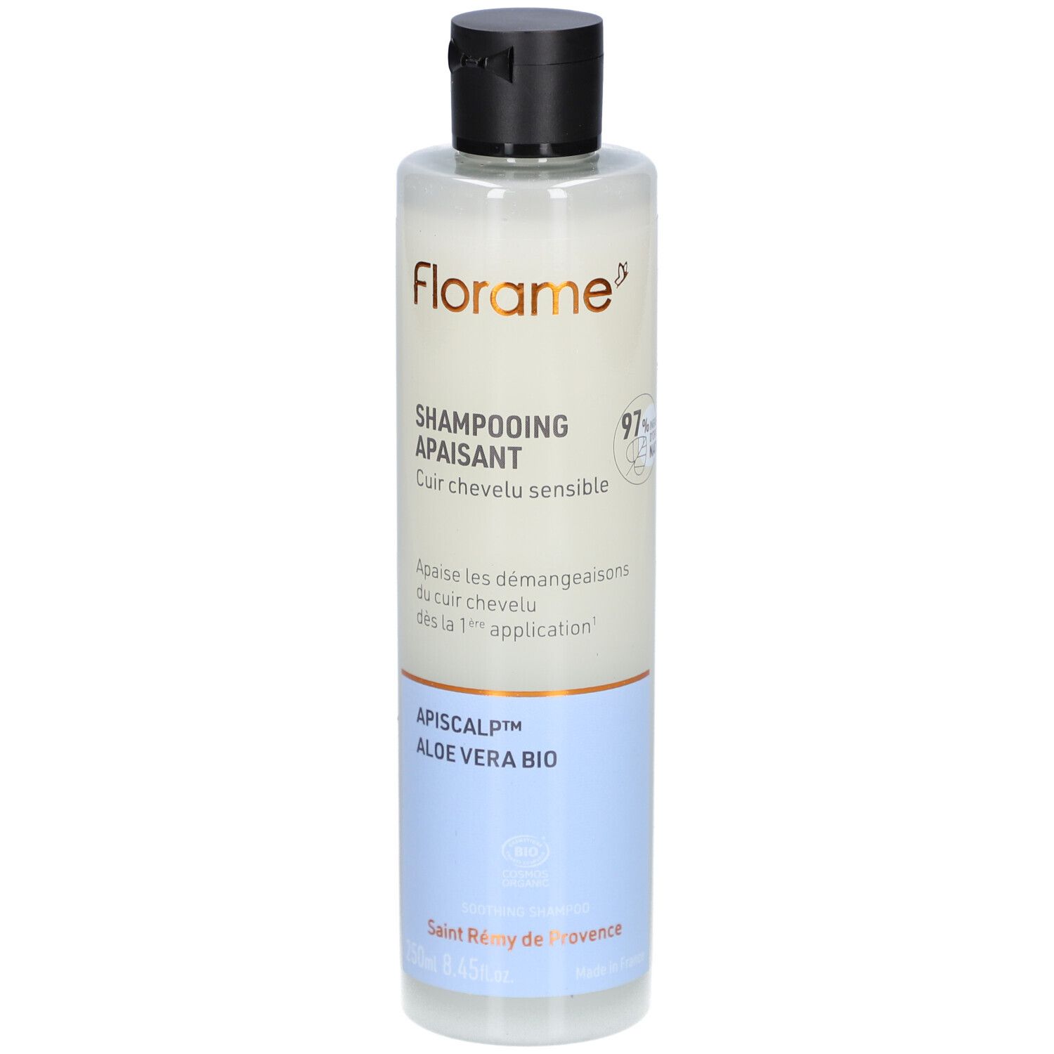 Flacon de shampooing FLORAME, apaisant pour cuir chevelu sensible. Bouchon noir, flacon transparent, étiquette blanche.