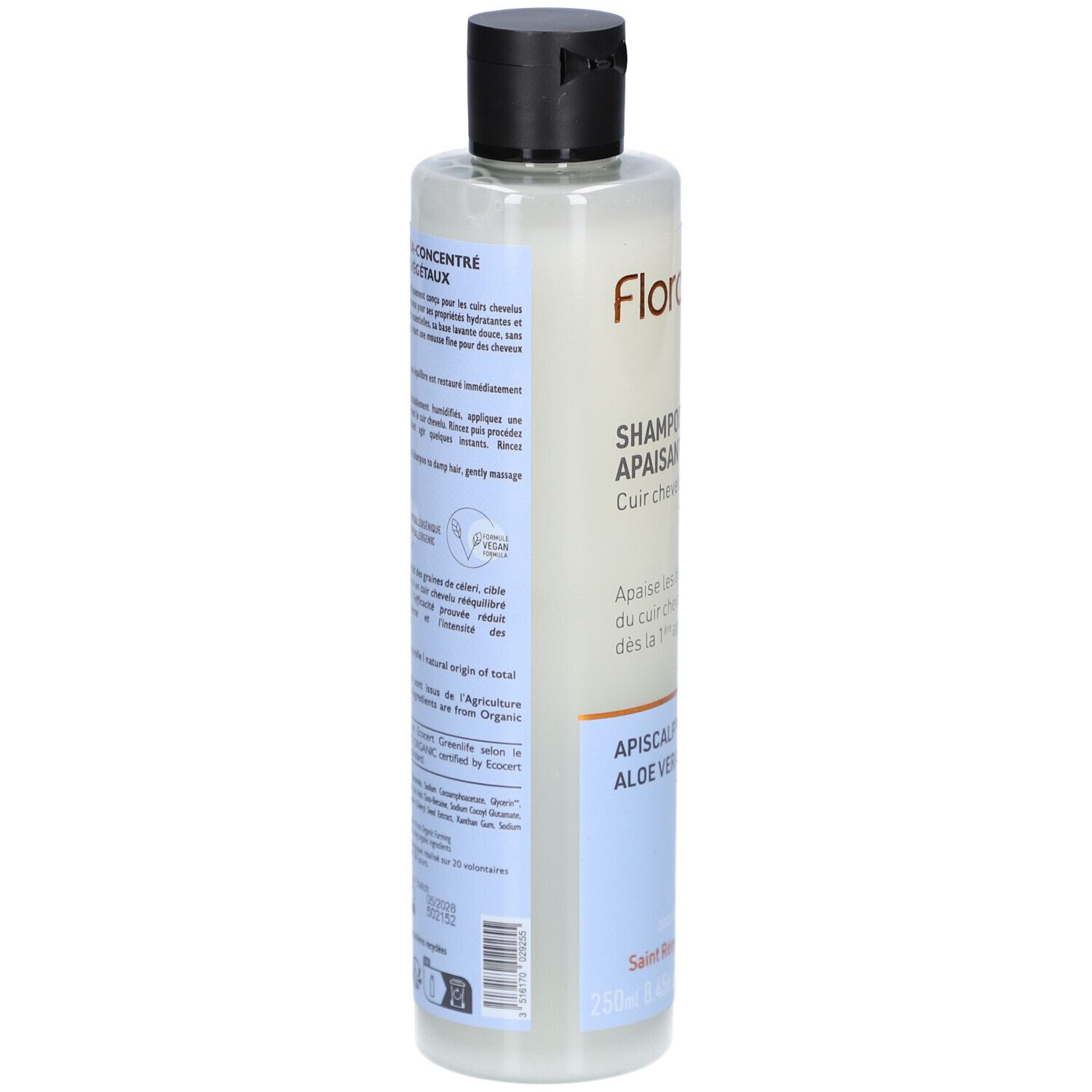 Dos du flacon de shampooing FLORAME. Informations textuelles sur étiquette blanche et bleue. Flacon transparent, bouchon noir.