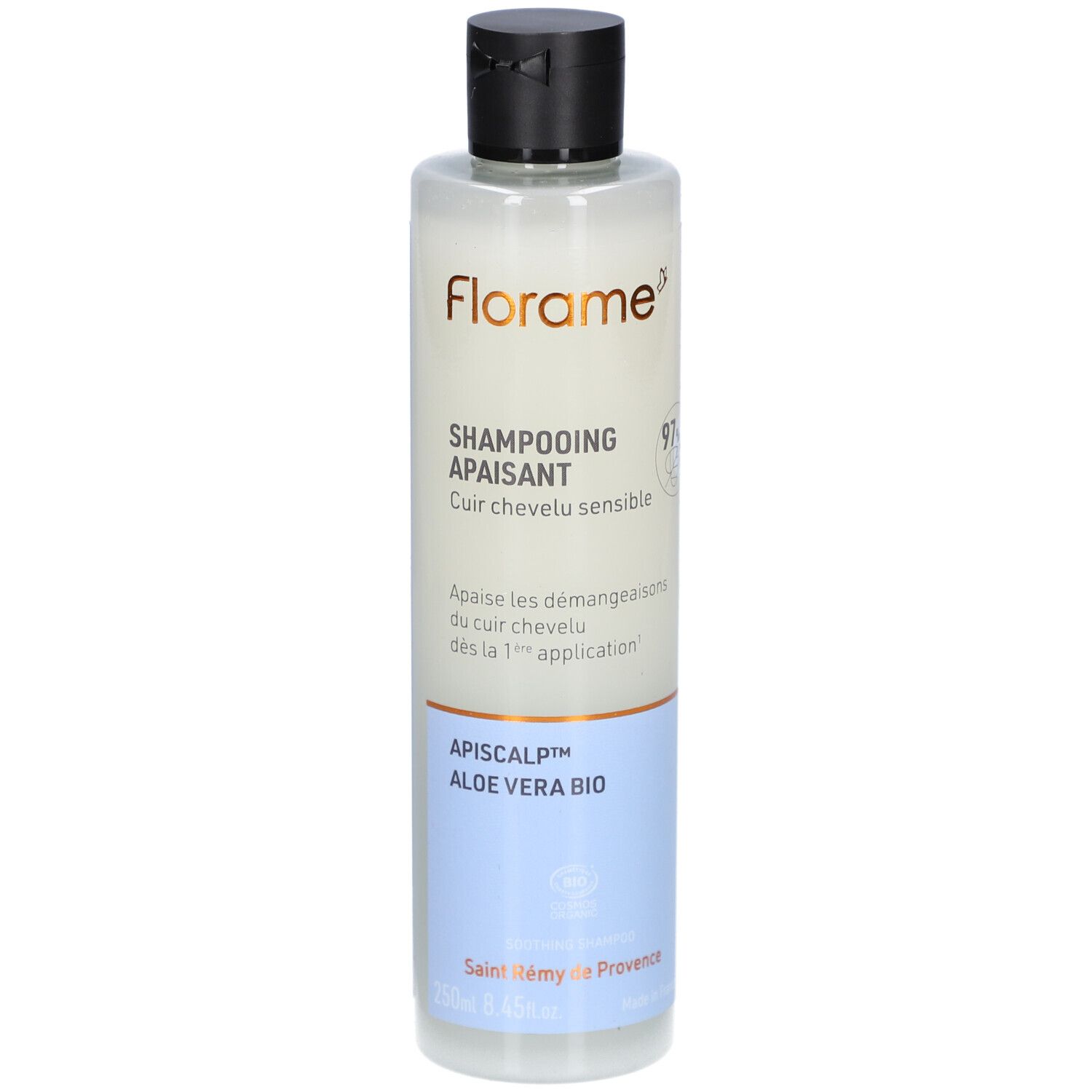 Flacon de shampooing FLORAME, apaisant pour cuir chevelu sensible. Bouchon noir, flacon transparent, étiquette blanche.