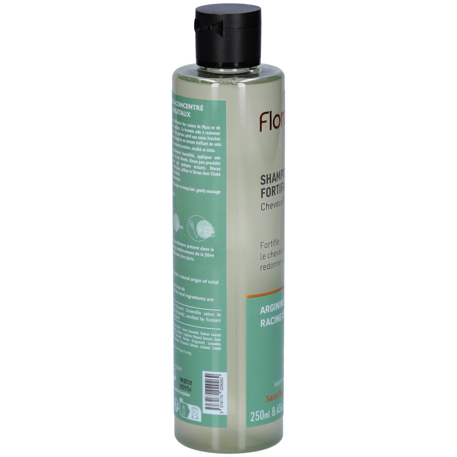 Dos d'un flacon de shampooing vert avec bouchon noir. Texte: FLORAME, Shampooing Fortifiant. Ingrédients, certification bio, code-barres.