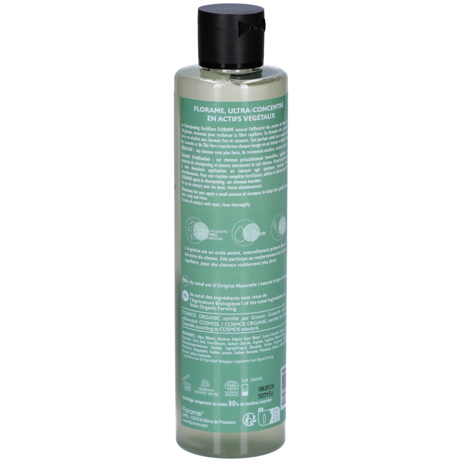 Dos d'un flacon de shampooing vert avec bouchon noir. Texte: FLORAME, Ultra-Concentré en Actifs Végétaux. Certification bio.