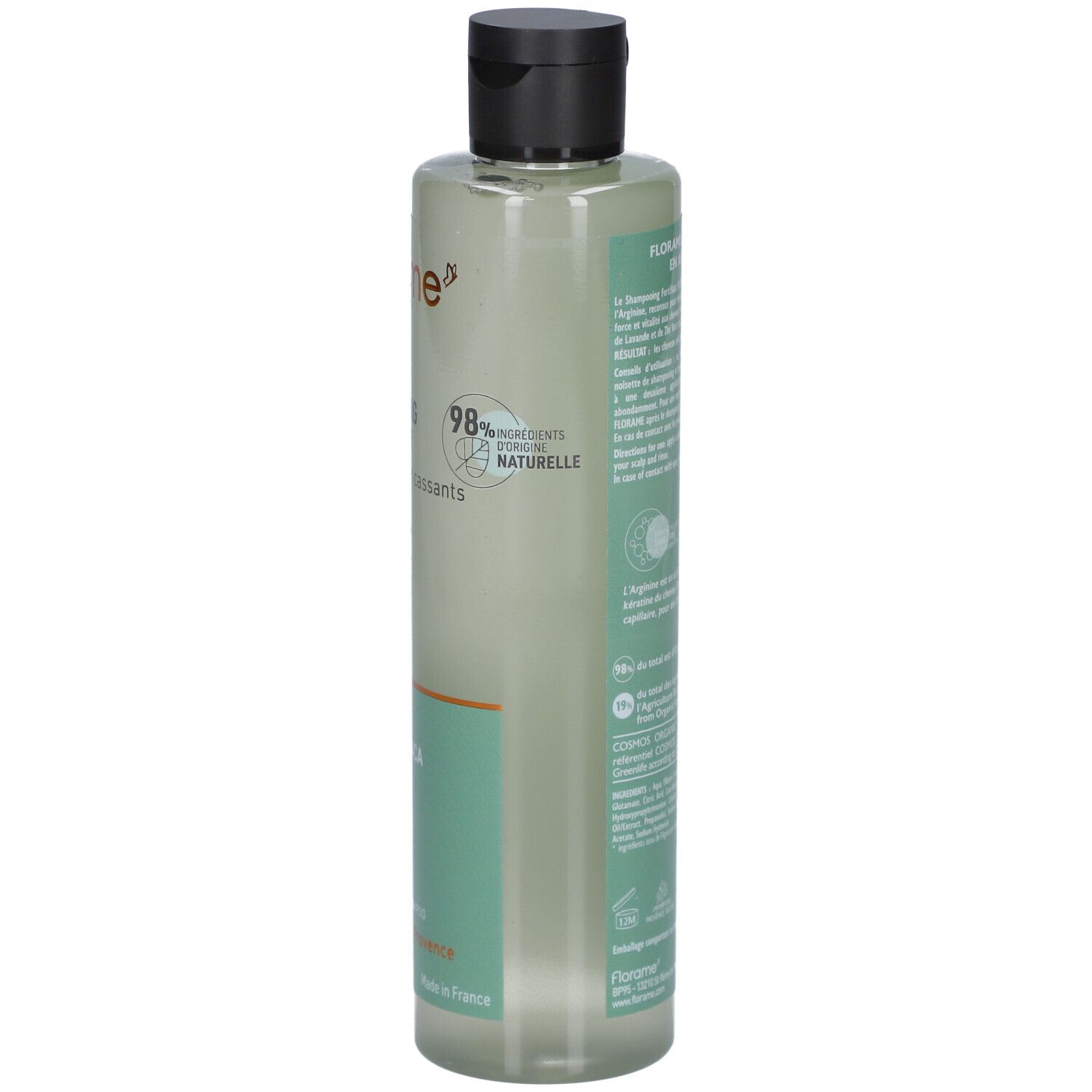 Dos d'un flacon de shampooing vert avec bouchon noir. Texte: FLORAME, 98% ingrédients naturels. Certification bio.