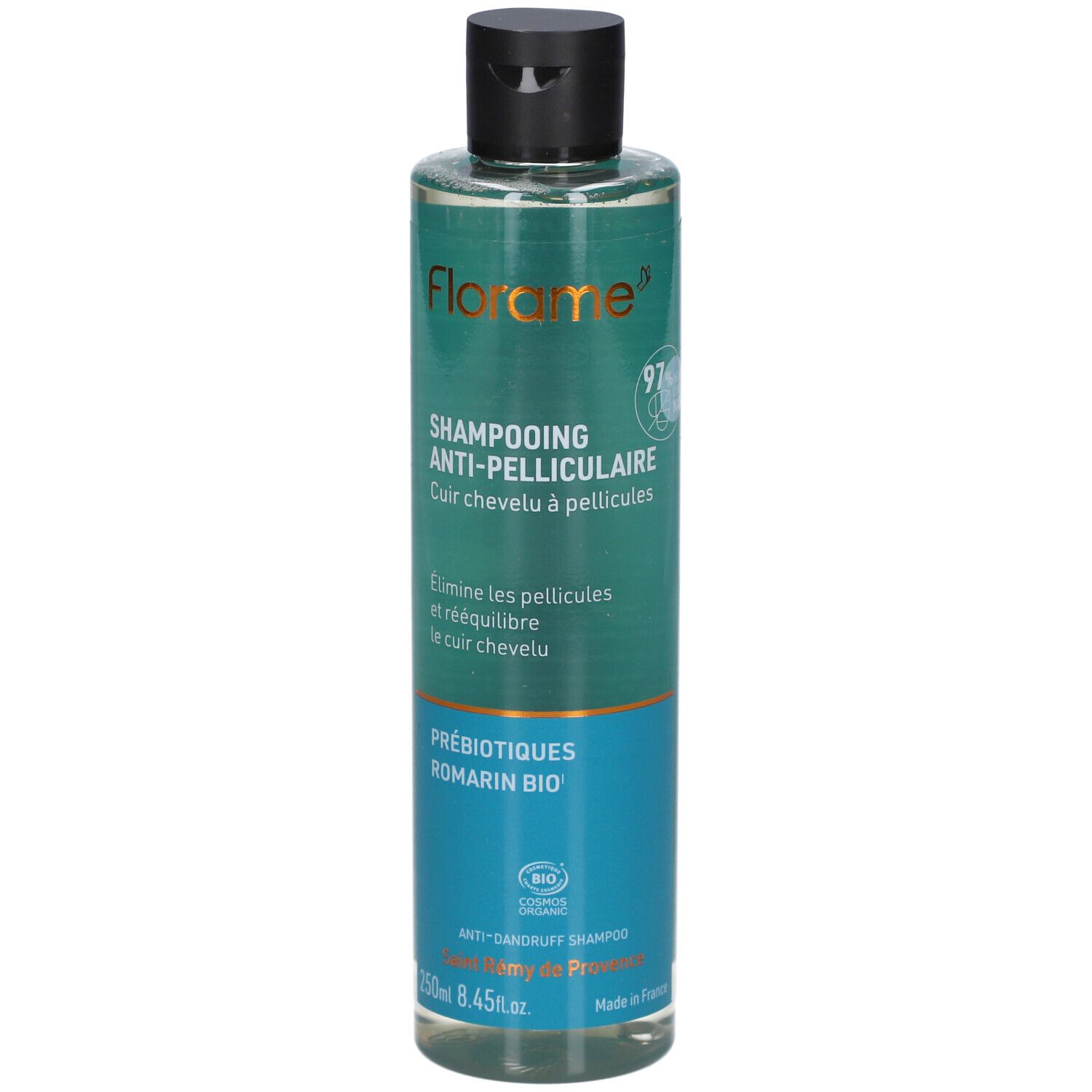 Shampooing Anti-Pelliculaire FLORAME. Flacon avec bouchon noir. Étiquette verte et bleue. Contient des prébiotiques et du romarin.