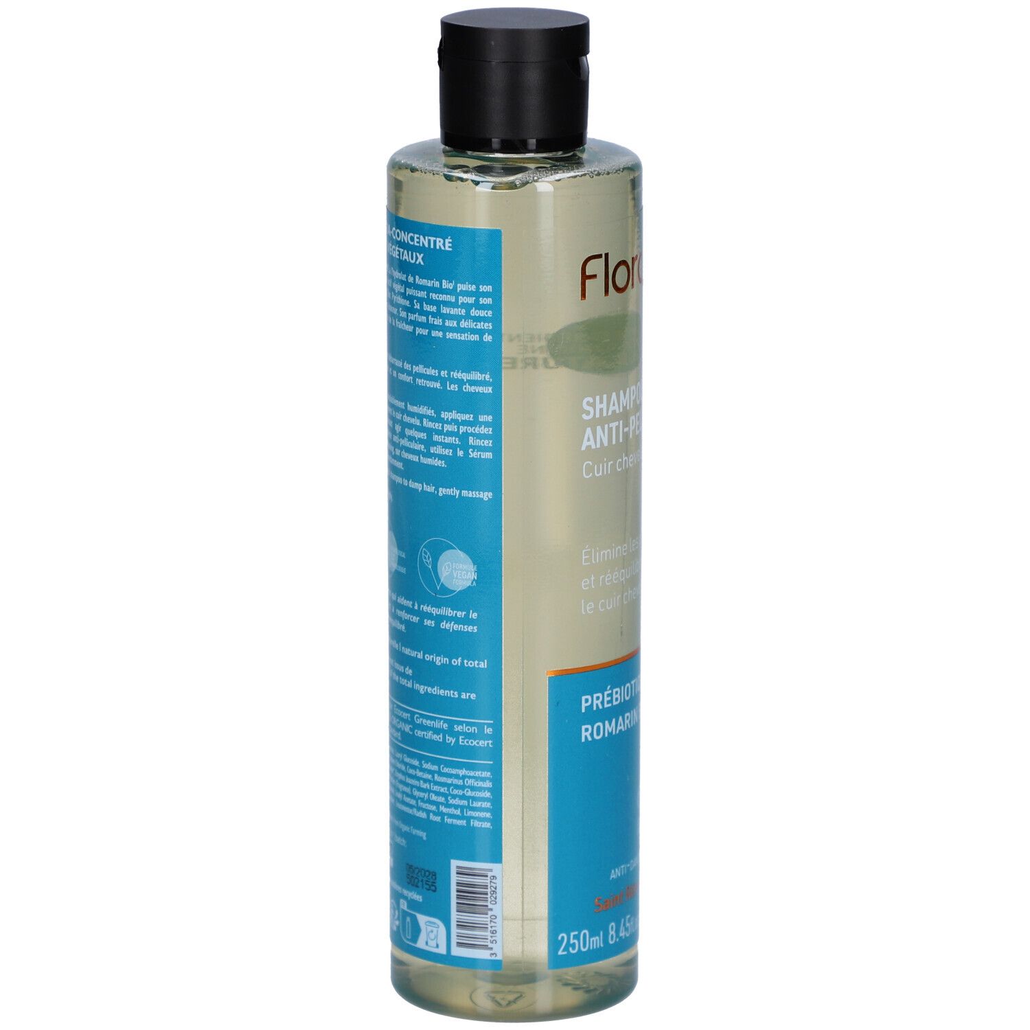FLORAME Shampooing Anti-Pelliculaire. Flacon avec bouchon noir. Étiquette avec informations produit. Contient prébiotiques et romarin.