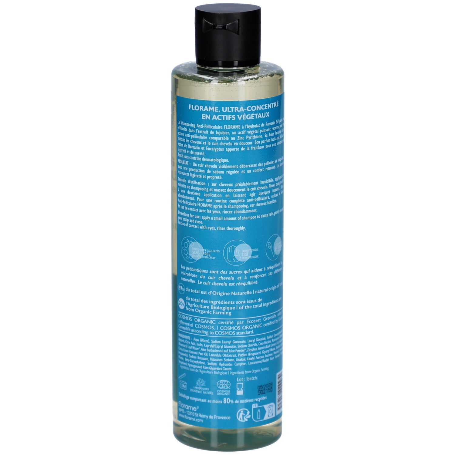 FLORAME Shampooing Anti-Pelliculaire. Dos du flacon avec informations produit. Contient prébiotiques et romarin. Certifié bio.