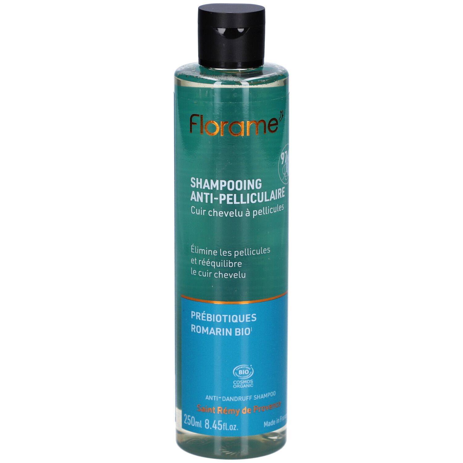 FLORAME Shampooing Anti-Pelliculaire. Flacon avec bouchon noir. Étiquette verte et bleue. Contient prébiotiques et romarin. Bio.
