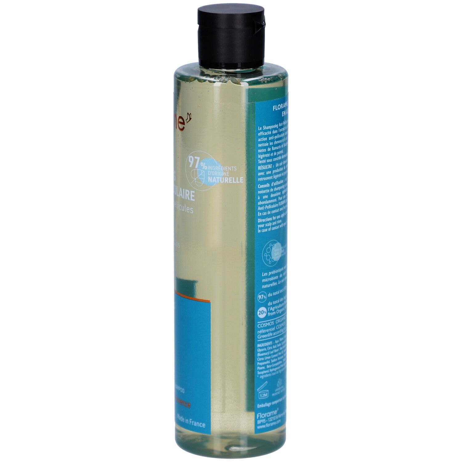 FLORAME Shampooing Anti-Pelliculaire. Flacon avec bouchon noir. Étiquette avec informations produit. Certification bio.