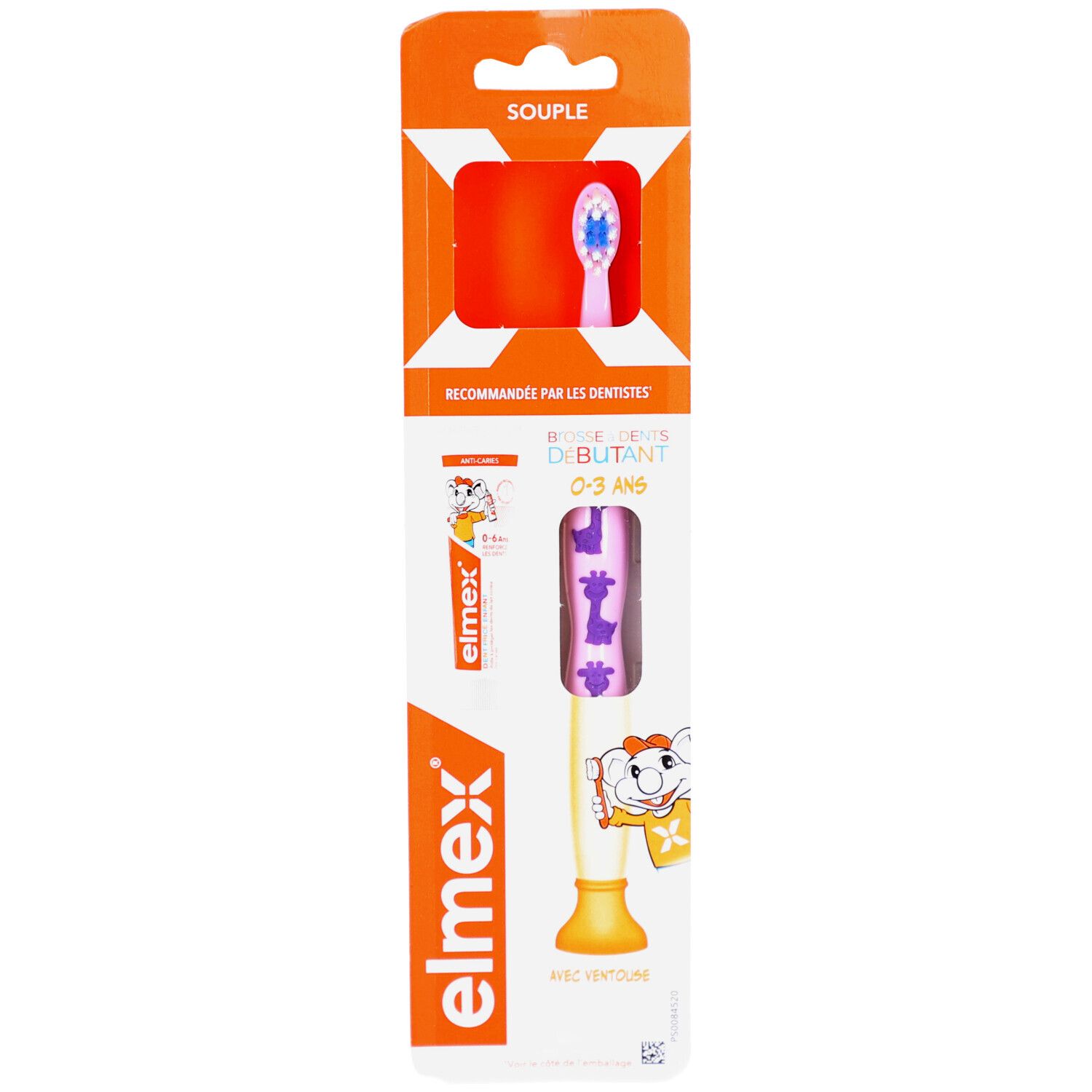 Brosse à dents pour enfants 0-3 ans, emballée. Tête rose, poils bleus. Manche avec motifs girafes. Marque : Elmex.