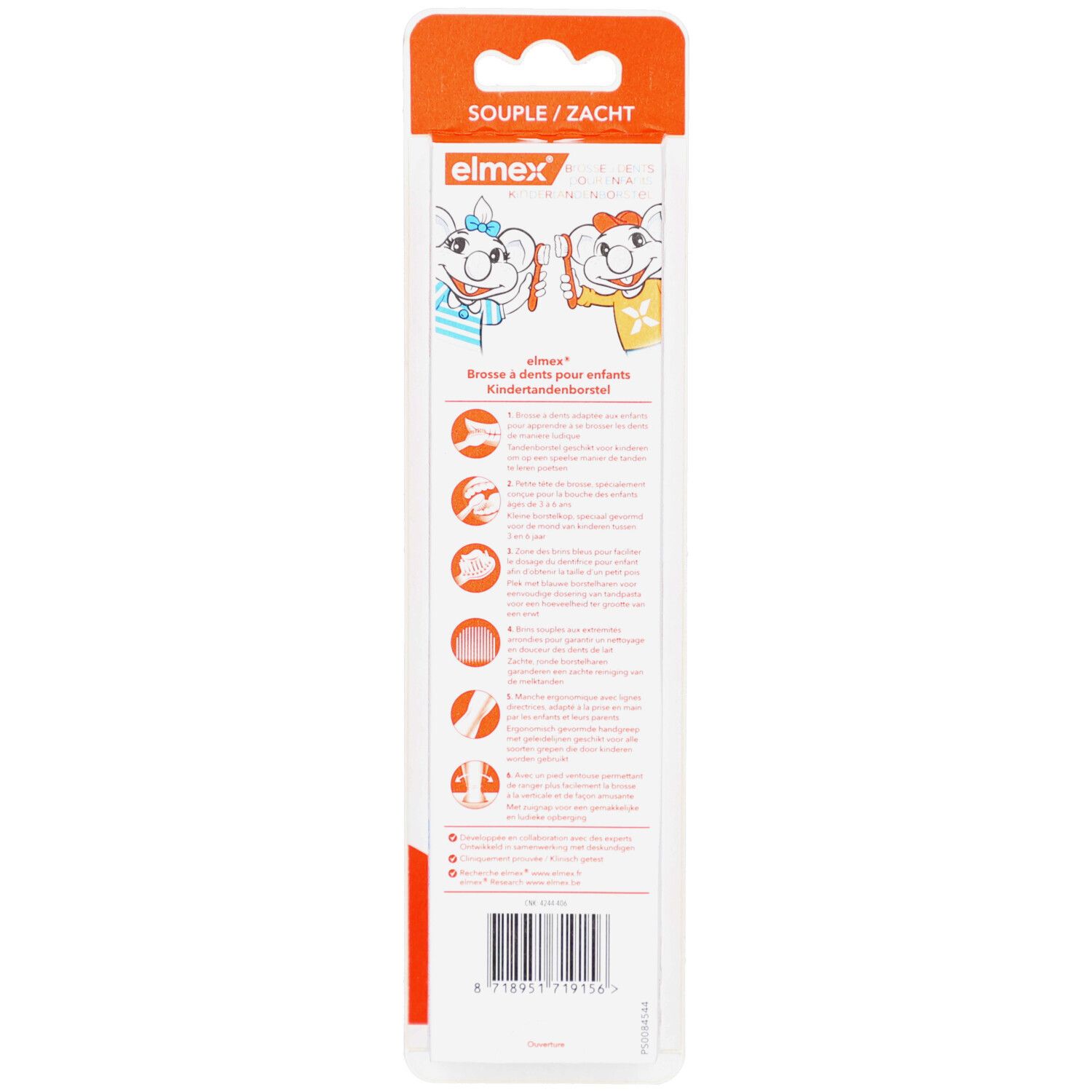 Dos de l'emballage avec informations sur le produit et illustrations. Logo Elmex et nom du produit visibles.