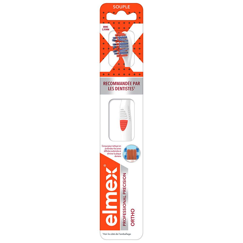 Brosse à dents ELMEX Professional Precision Ortho, emballée. Soie bleue, manche rouge. Inscriptions "Souple" et "Recommandée par les dentistes".